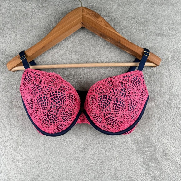 Victoria's Secret Very Sexy Push-Up Bra 34DDD Pink Lace Navy Blue EUC - Picture 1 of 7